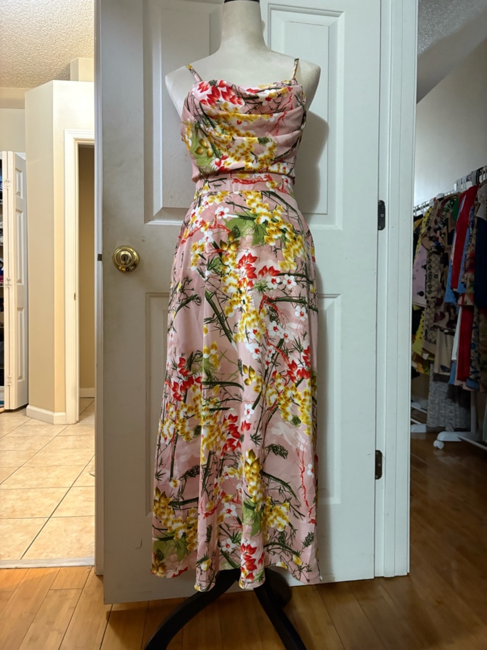 Mint Pink Floral Cowl Neck Maxi Dress
